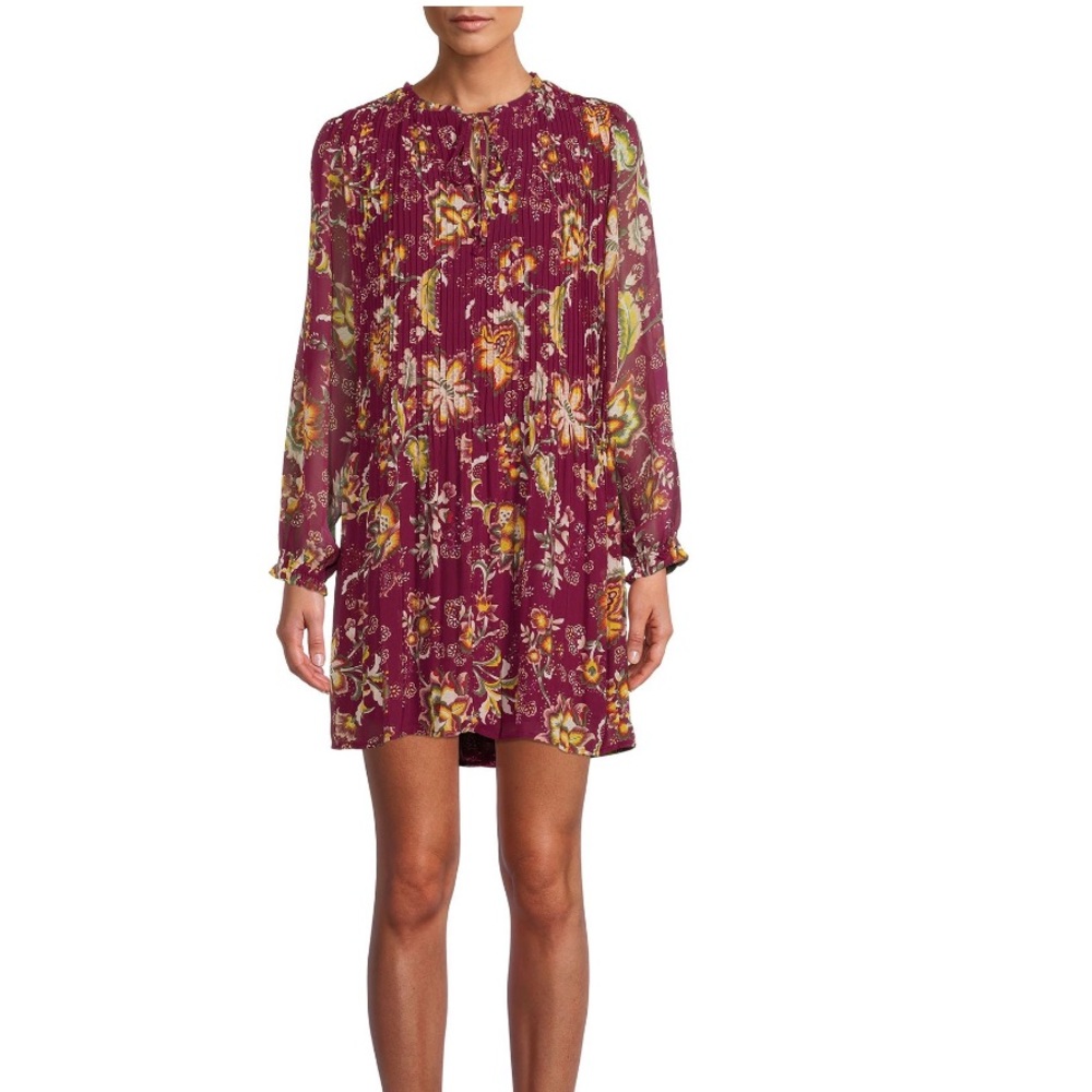 Time and Tru Pleated Baby Doll Dress Burgundy Brick Combo